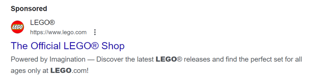 An image of a Lego PPC ad in Google search results. 