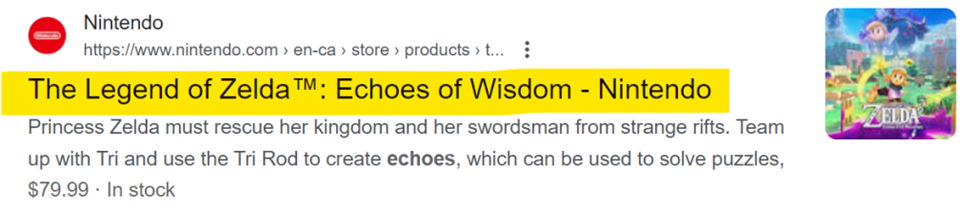 Image of an organic search result from Nintendo's Echoes of Wisdom game with the title tag highlighted