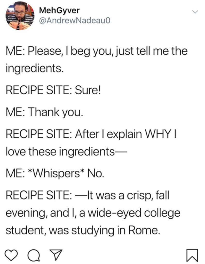 Screenshot of a joke from Andrew Nadeau on Twitter about recipe websites