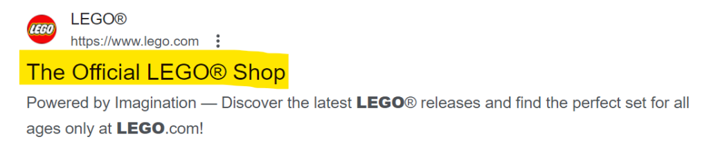 An example of a Google search result for Lego with a highlighted title tag 