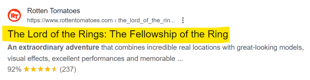 An example of a title tag in Google search from Rotten Tomatoes for a Fellowship of the Ring review