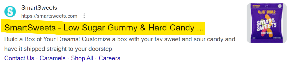 An image of a title tag in Google search results for SmartSweets 