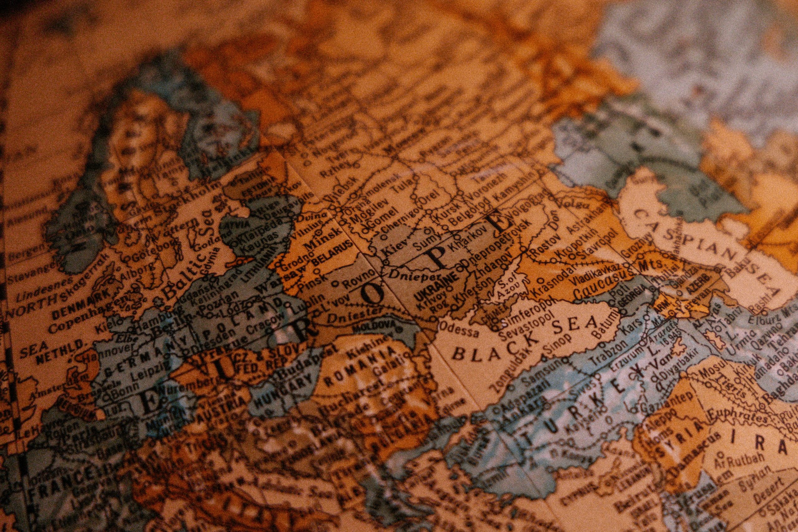 Photograph of a old looking map focused on Turkey