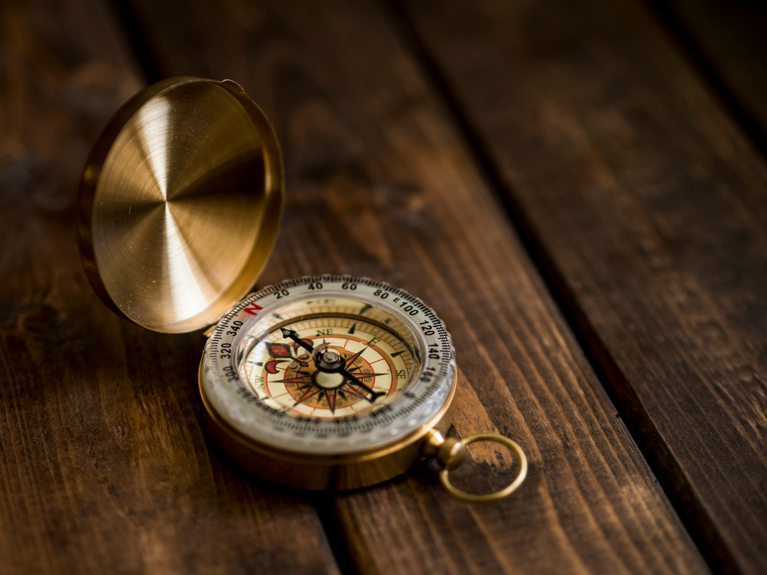 Photograph of an antique compass sitting on a wooden table or board