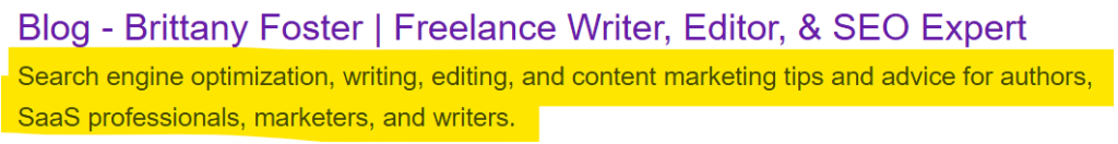 An example of the meta description for Brittany Foster's blog in a SERP