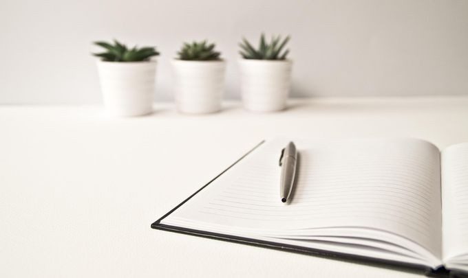 Notebook and pen in foreground with three potted plants behind